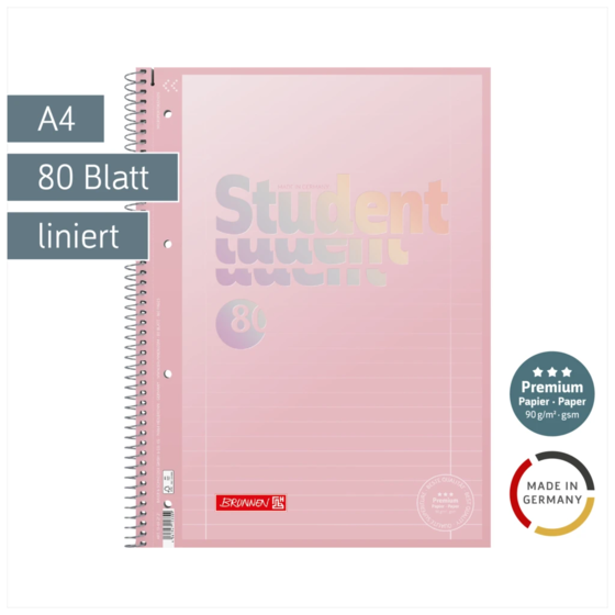 Collegeblock Premium Student „Pastell“ | A4, Lineatur 27, 80 Blatt, pastellrosa