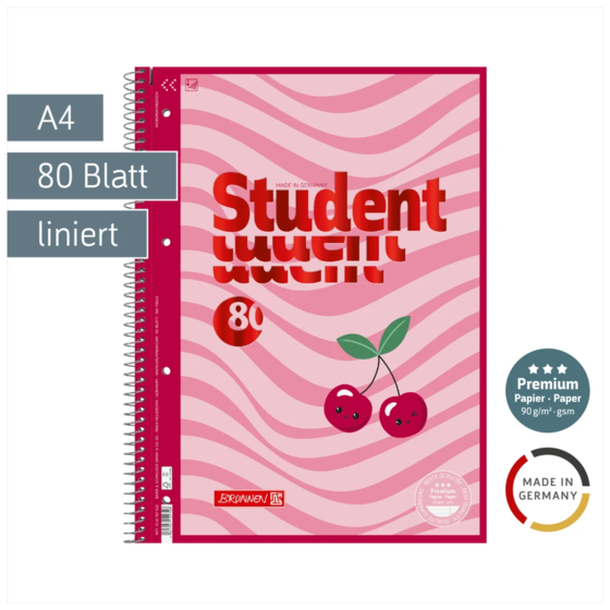 Collegeblock Premium Student Fruity Love | A4, Lineatur 27, 80 Blatt, rosa/mehrfarbig