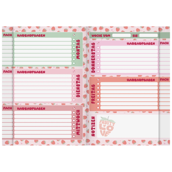 Hausaufgabenheft Fruity Love | A5, 48 Blatt, rosa/rot