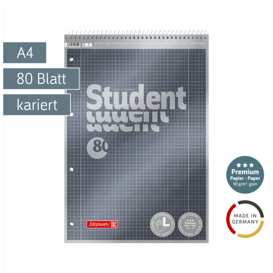 Collegeblock Premium Student Spirale oben | A4, Lineatur 28, 80 Blatt, anthrazit