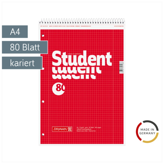 Collegeblock Student Spirale oben | A4, Lineatur 28, 80 Blatt, rot