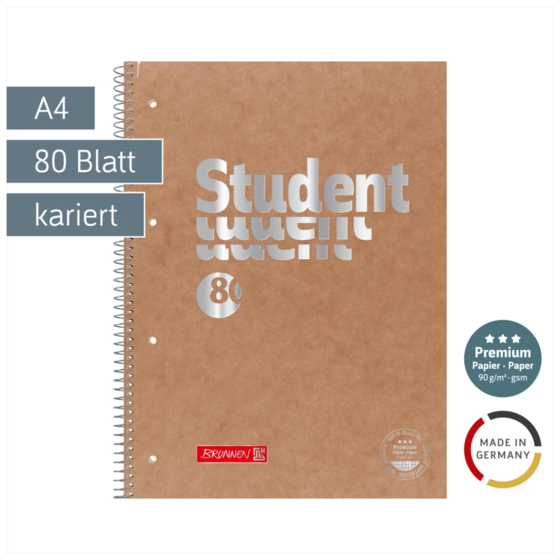 Collegeblock Premium Student FACT!plus | A4, Lineatur 28, 80 Blatt, braun/silber