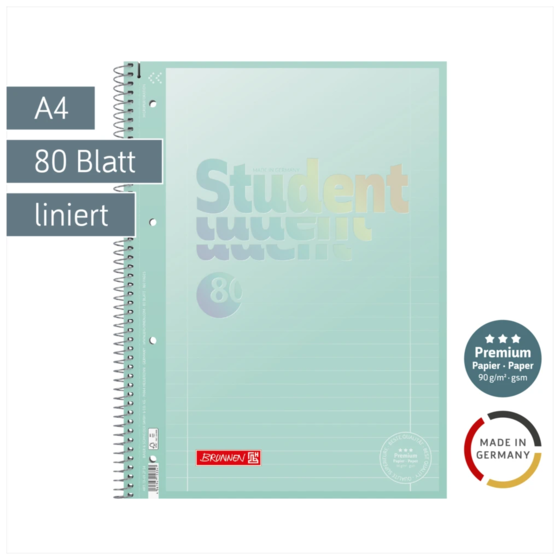 Collegeblock Premium Student „Pastell“ | A4, Lineatur 27, 80 Blatt, pastellmint