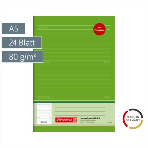 Hausaufgabenheft | A5, 24 Blatt, grün