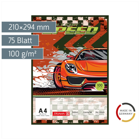Malblock Fast Wheels | A4, 75 Blatt, rot/mehrfarbig