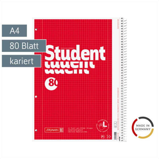 Collegeblock Student Linkshänder | A4, Lineatur 28, 80 Blatt, rot