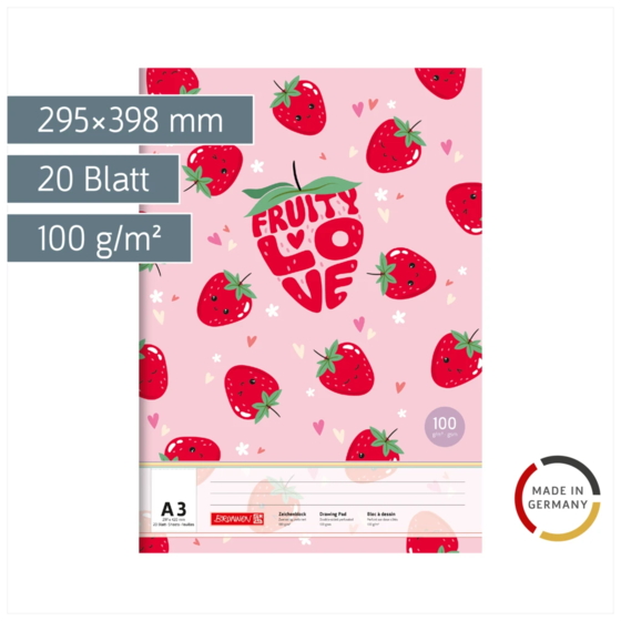 Zeichenblock Fruity Love | A3, 20 Blatt, rosa/rot