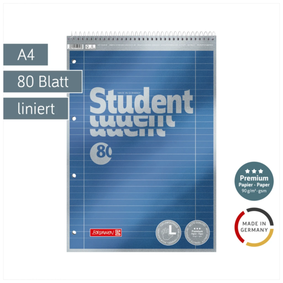 Collegeblock Premium Student Spirale oben | A4, Lineatur 27, 80 Blatt, blau
