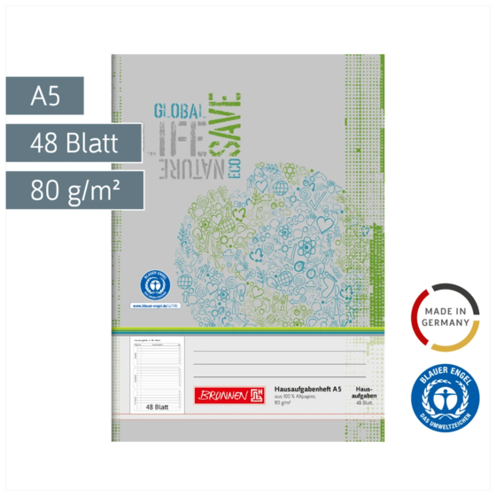 Hausaufgabenheft Recycling | A5, 48 Blatt, grün/grau