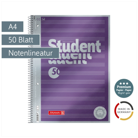 Collegeblock Premium Student „Noten“ | A4, Lineatur 14, 50 Blatt, violett