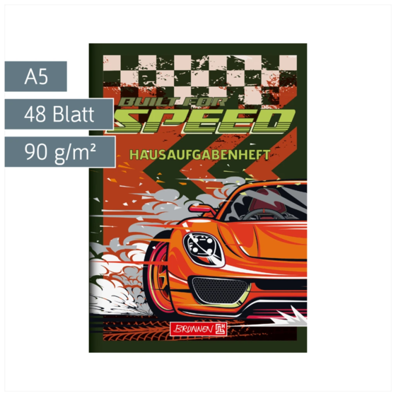 Hausaufgabenheft Fast Wheels | A5, 48 Blatt, grün/mehrfarbig