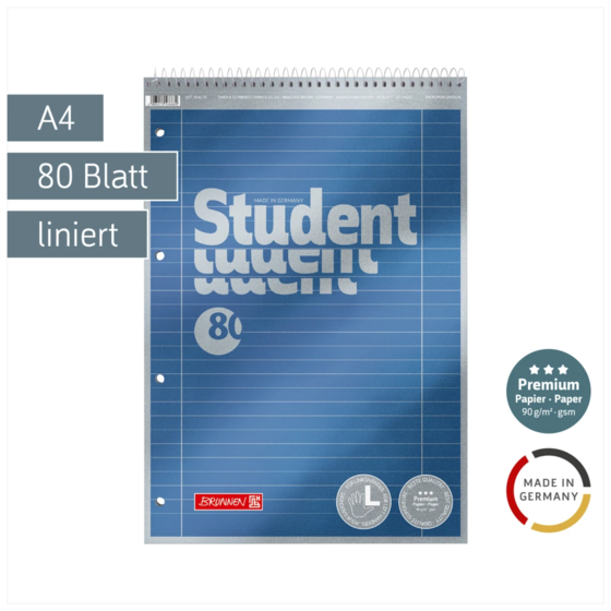 Collegeblock Premium Student Spirale oben | A4, Lineatur 27, 80 Blatt, blau