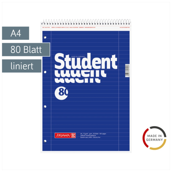 Collegeblock Student Spirale oben | A4, Lineatur 27, 80 Blatt, blau