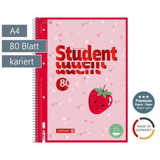 Collegeblock Premium Student Fruity Love | A4, Lineatur 28, 80 Blatt, rosa/mehrfarbig