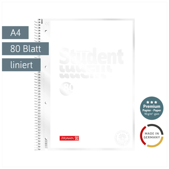 Collegeblock Premium Student „White“ | A4, Lineatur 27, 80 Blatt, weiß