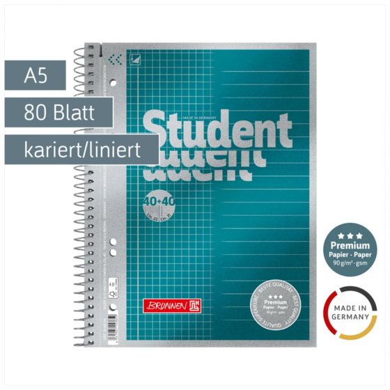 Collegeblock Premium Student „DUO“ | A5, kariert/liniert, 80 Blatt, petrol