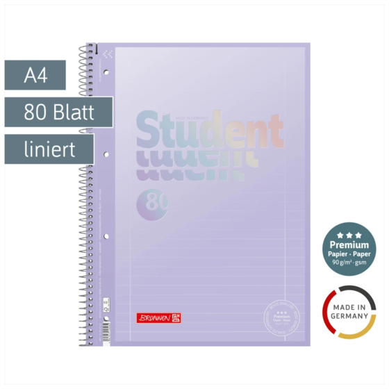 Collegeblock Premium Student „Pastell“ | A4, Lineatur 27, 80 Blatt, pastelllila