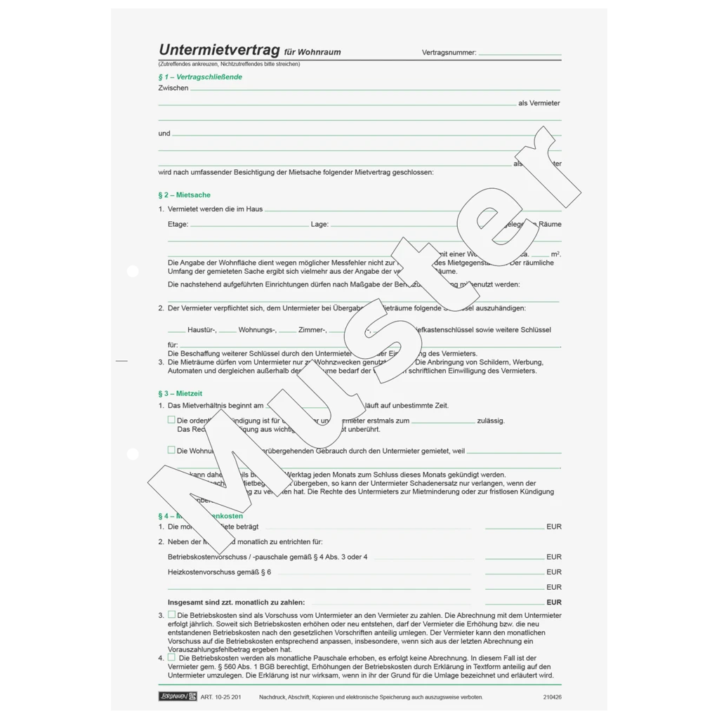 Formular „Untermietvertrag für Wohnräume“ | A4