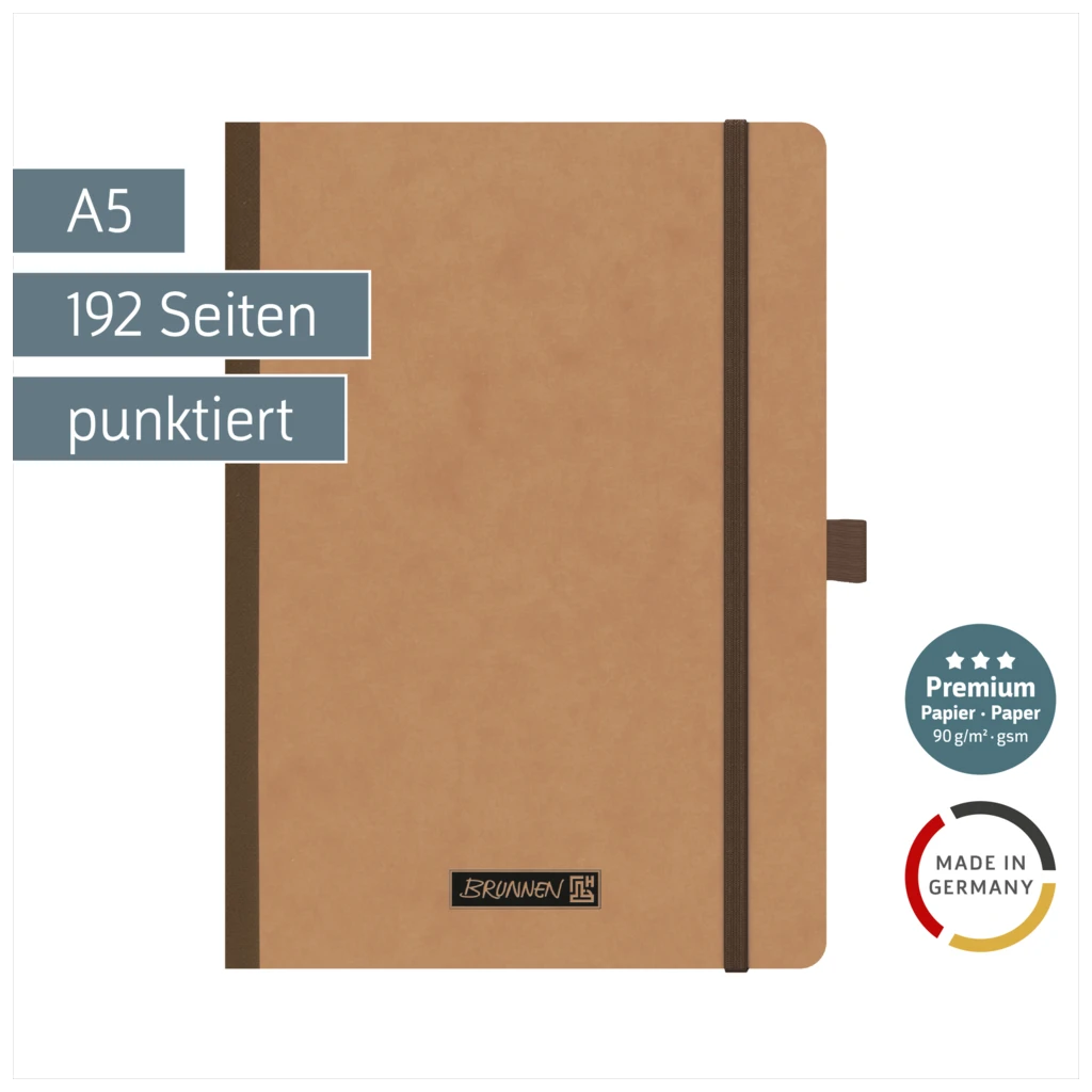Notizbuch Premium FACT!plus Kladde | A5, punktiert, Gummizugverschluss, braun