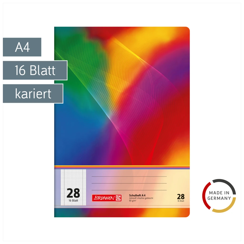 Schulheft | A4, Lineatur 28, 16 Blatt, mehrfarbig