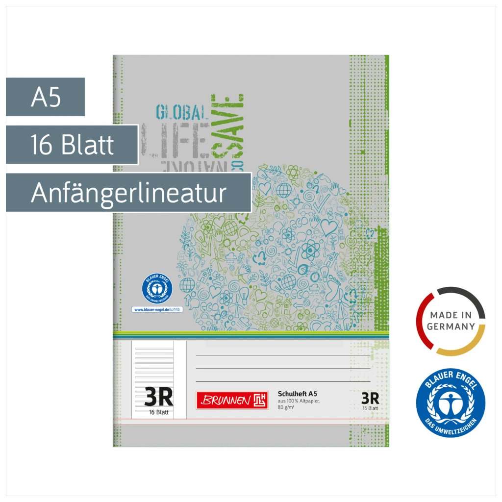 Schulheft Recycling | A5, Lineatur 3R, 16 Blatt, grün/grau
