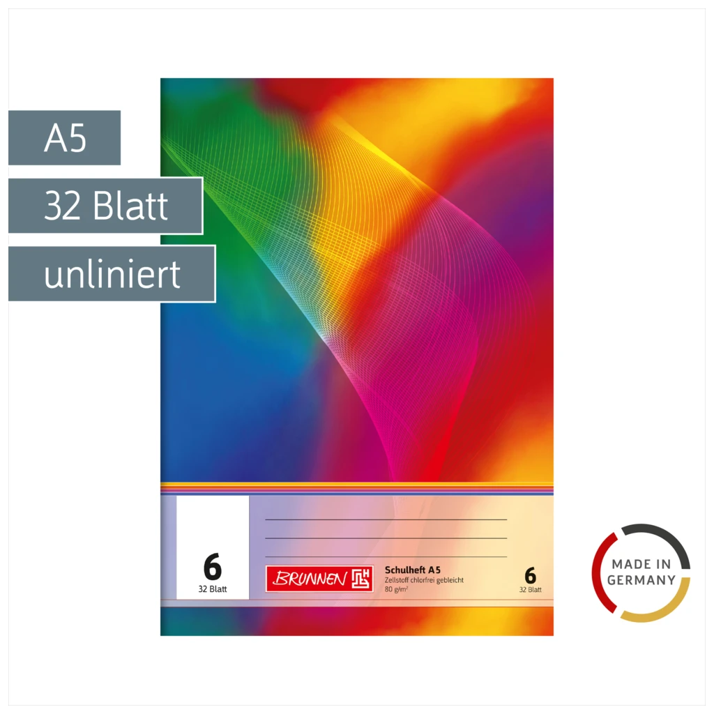 Schulheft | A5, Lineatur 6, 32 Blatt, mehrfarbig