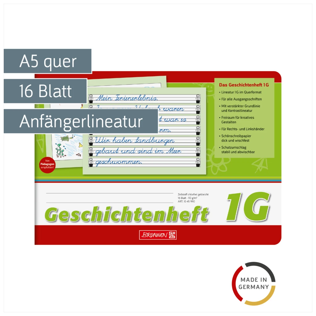 Geschichtenheft | A5 quer, Lineatur 1G, 16 Blatt, grün
