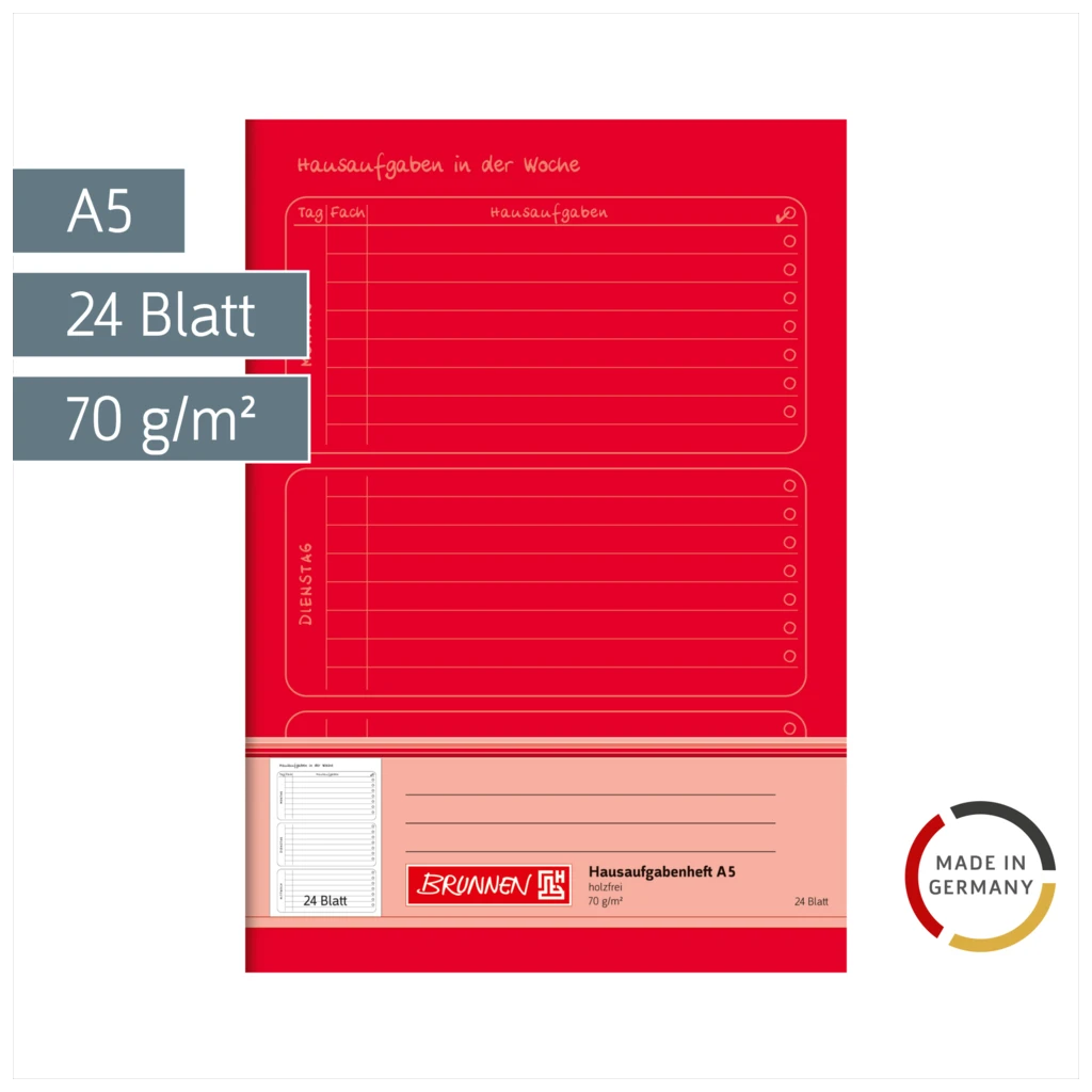 Hausaufgabenheft | A5, 24 Blatt, rot