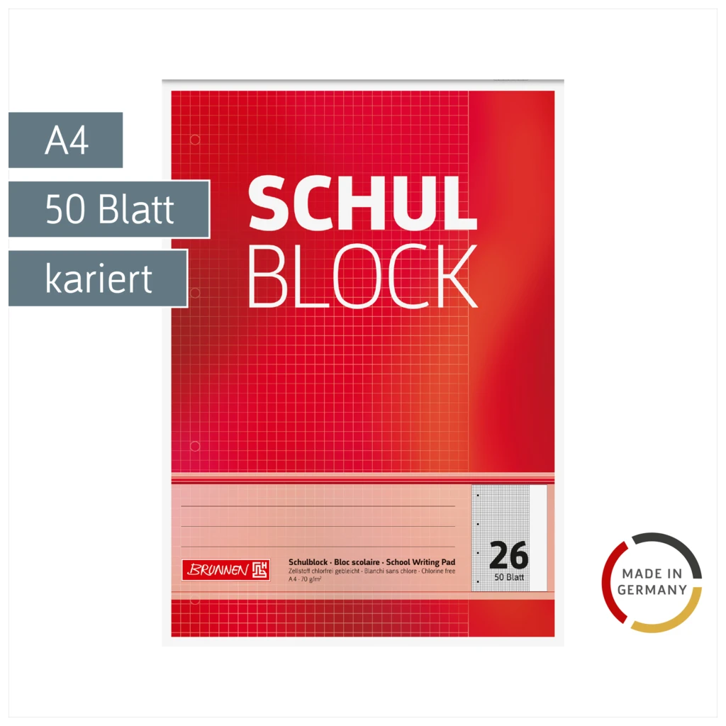 Schulblock gelocht | A4, Lineatur 26, 50 Blatt, rot