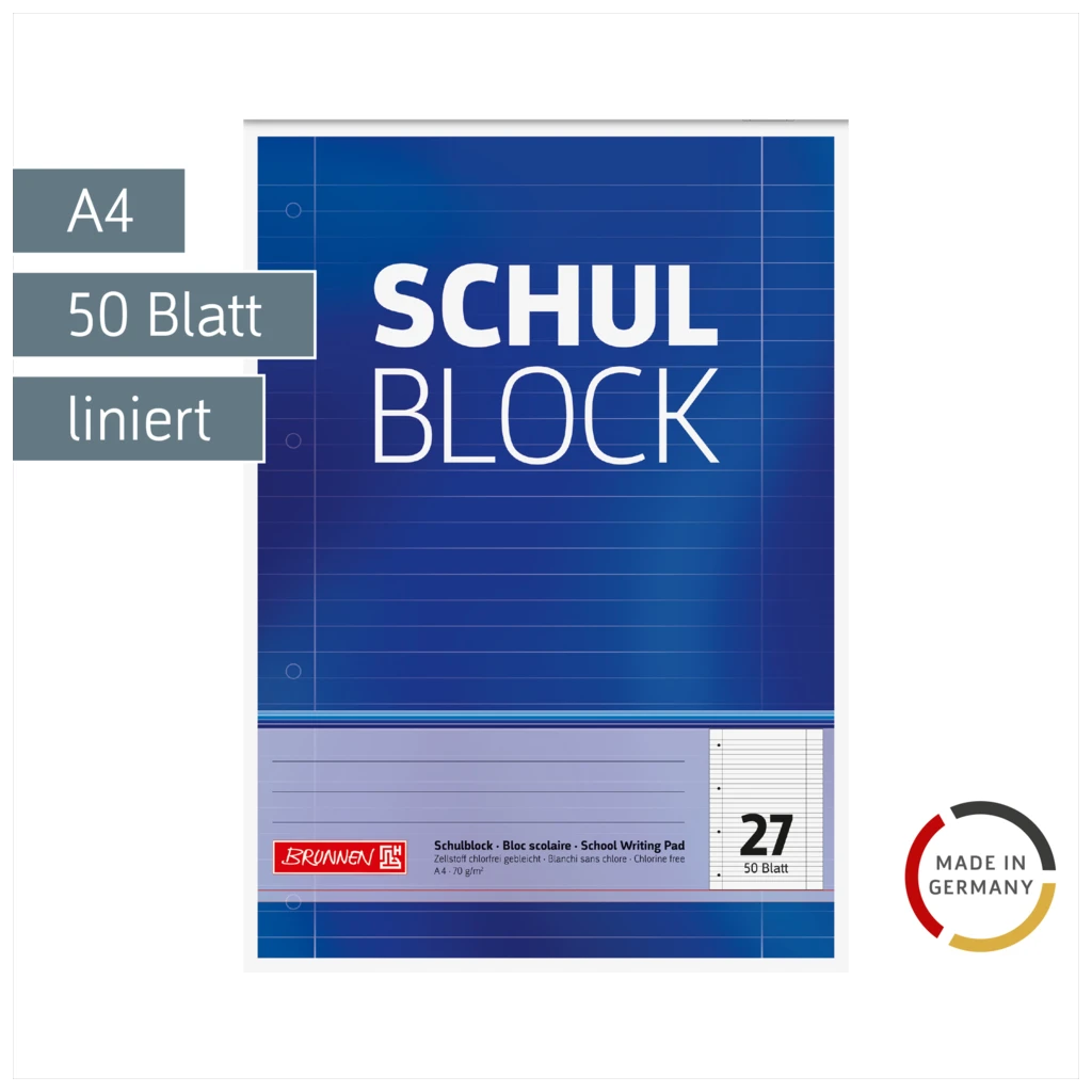 Schulblock gelocht | A4, Lineatur 27, 50 Blatt, blau