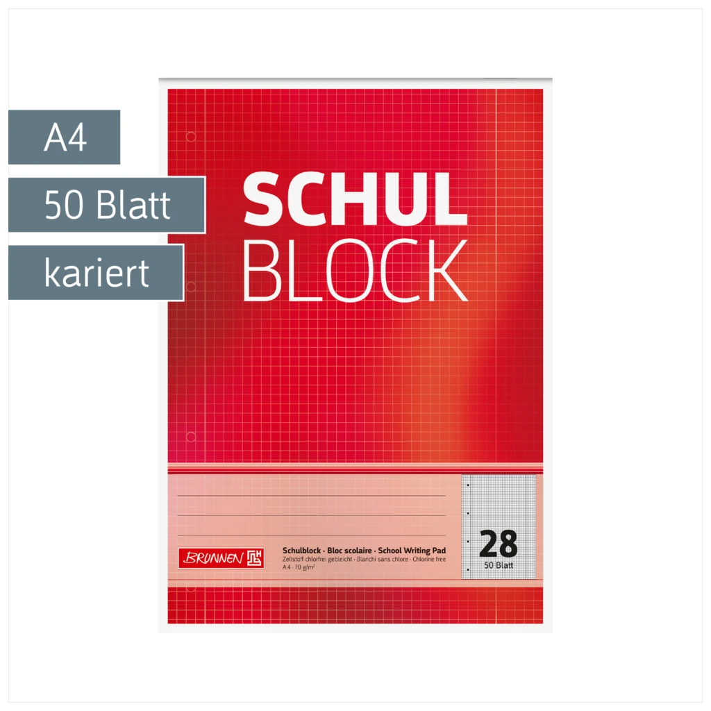 Schulblock gelocht | A4, Lineatur 28, 50 Blatt, rot