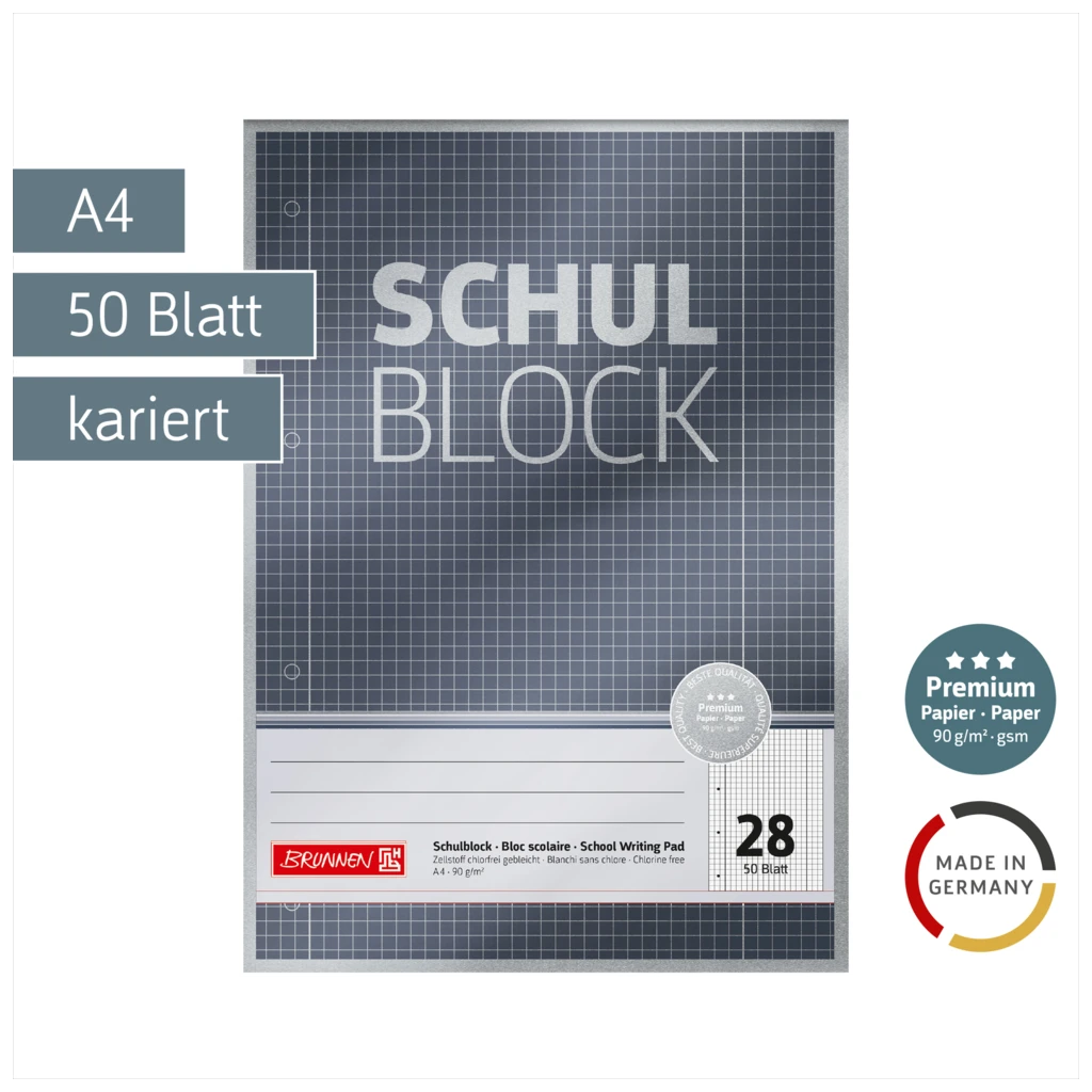 Schulblock Premium | A4, Lineatur 28, 50 Blatt, grau