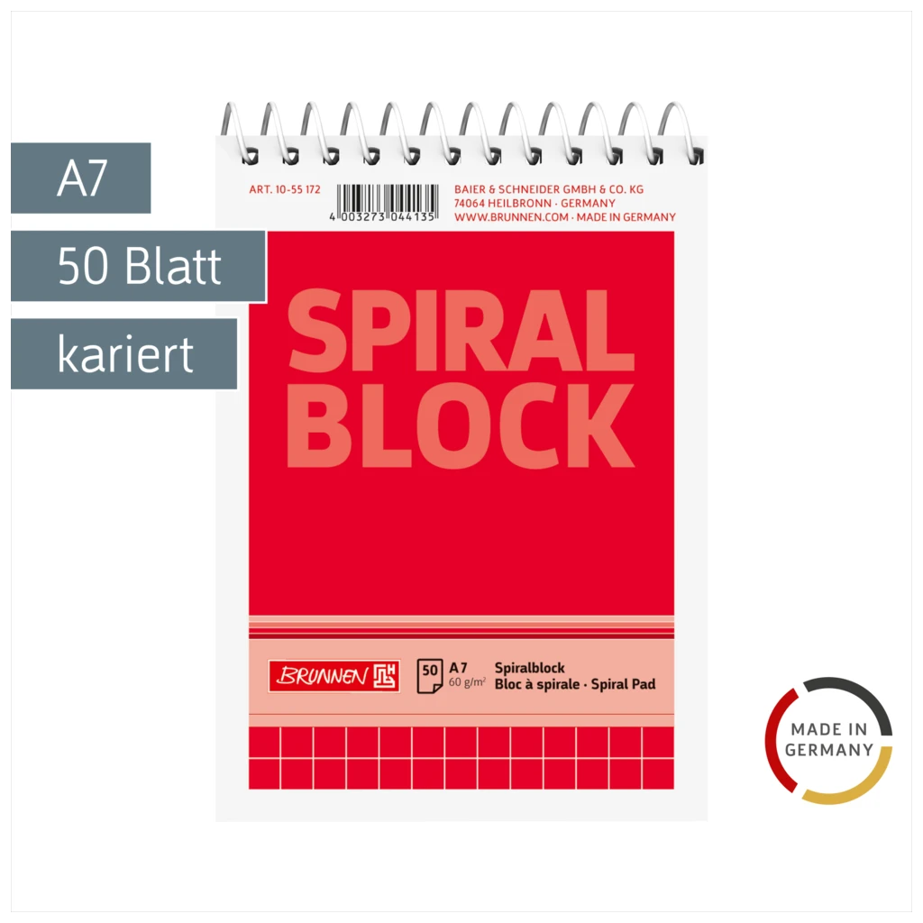 Spiralnotizblock | A7, kariert, 50 Blatt, rot