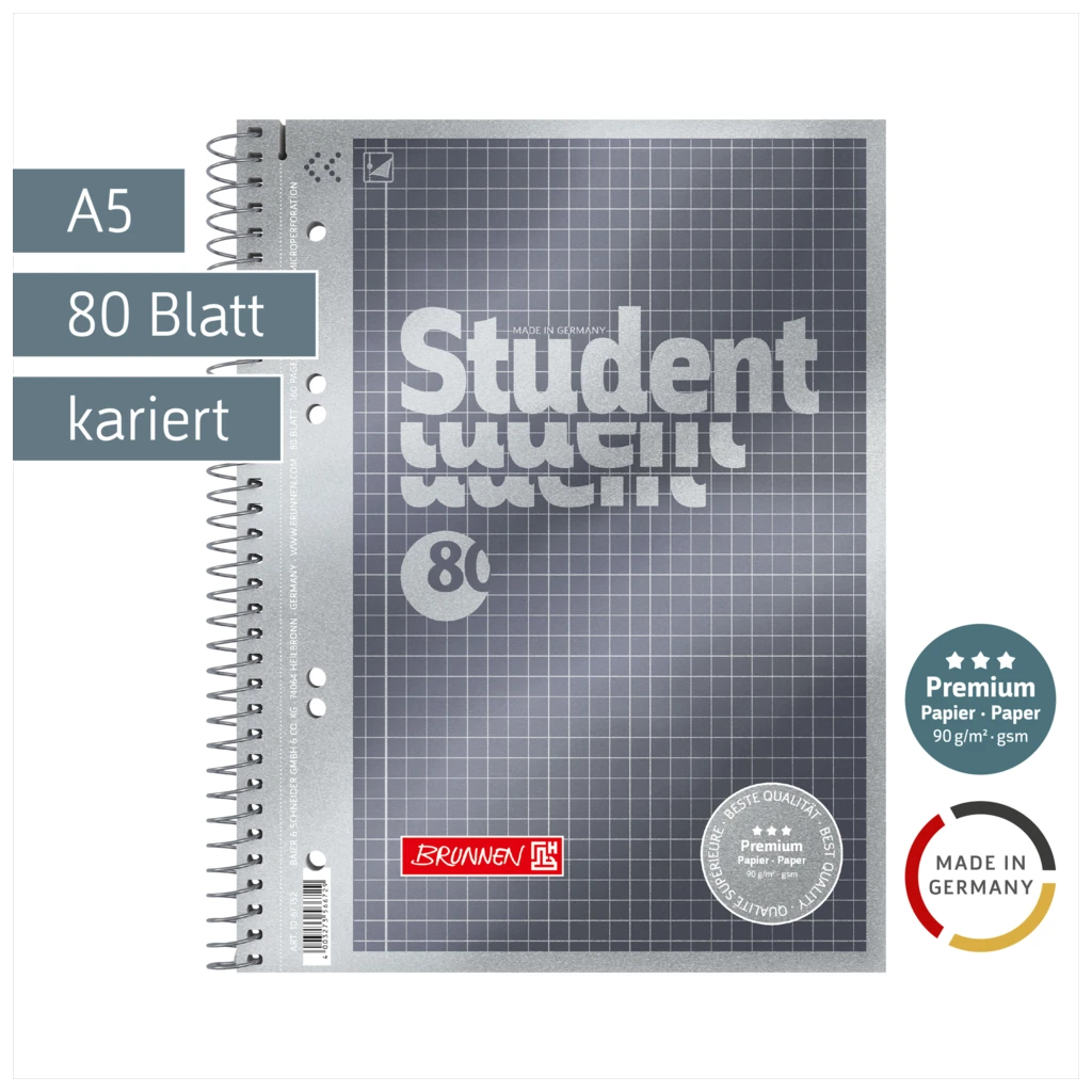 Collegeblock Premium Student | A5, Lineatur 5, 80 Blatt, anthrazit