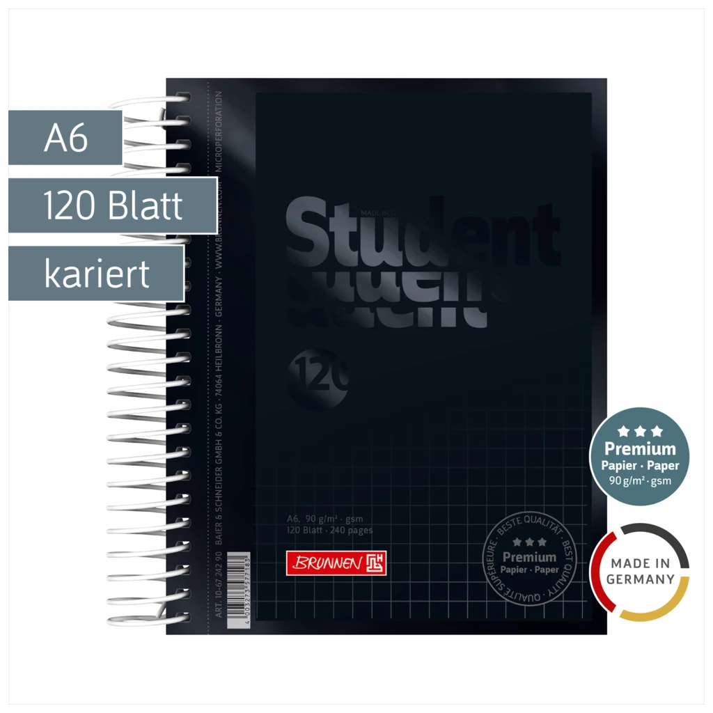Collegeblock Premium Student Colour Code | A6, kariert, 120 Blatt, onyx