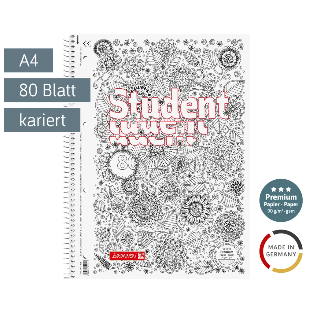 Collegeblock Premium Student „Floral“ ZENart | A4, Lineatur 28, 80 Blatt, weiß
