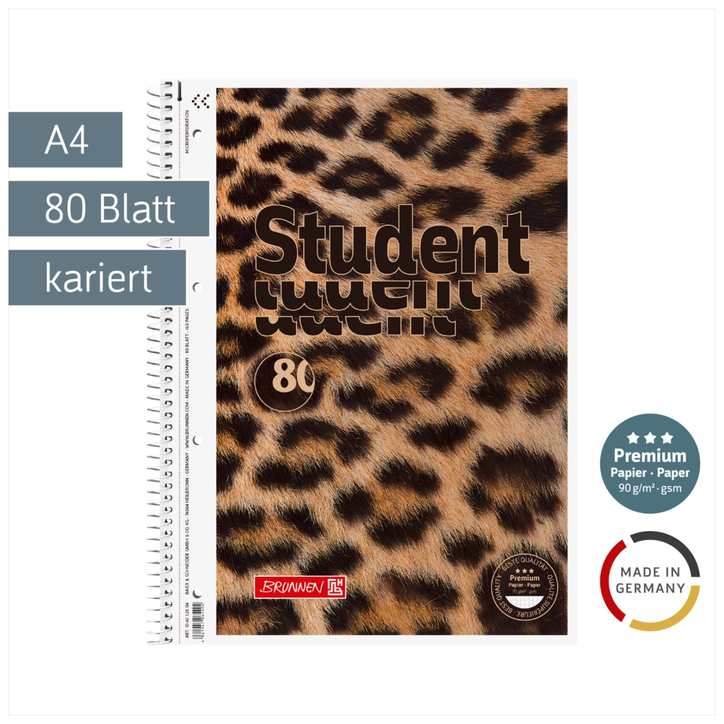 Collegeblock Premium Student „Leopard“ | A4, Lineatur 28, 80 Blatt, braun/schwarz