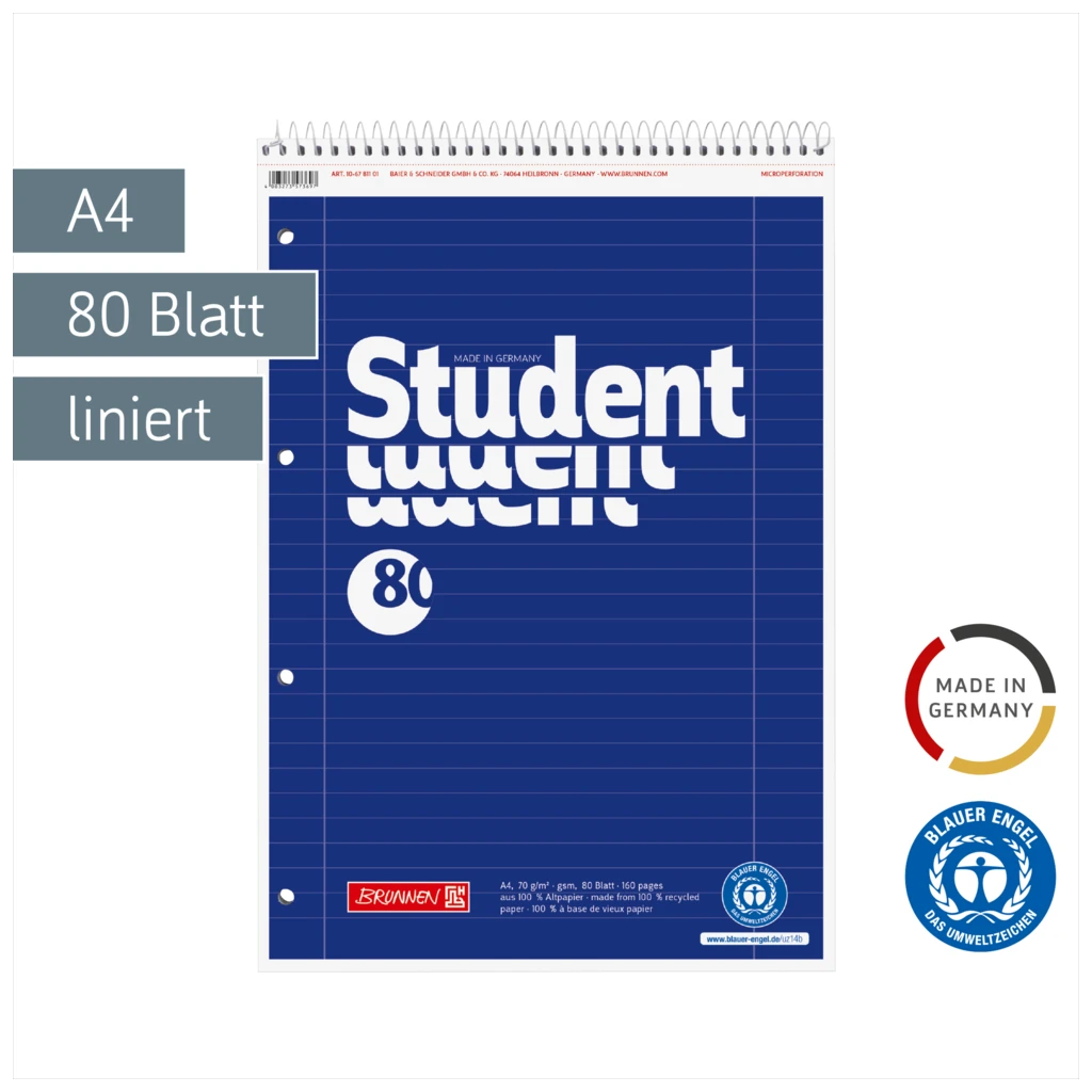 Collegeblock Student Recycling Spirale oben | A4, Lineatur 27, 80 Blatt, blau