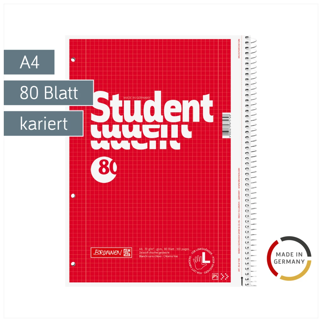 Collegeblock Student Linkshänder | A4, Lineatur 28, 80 Blatt, rot