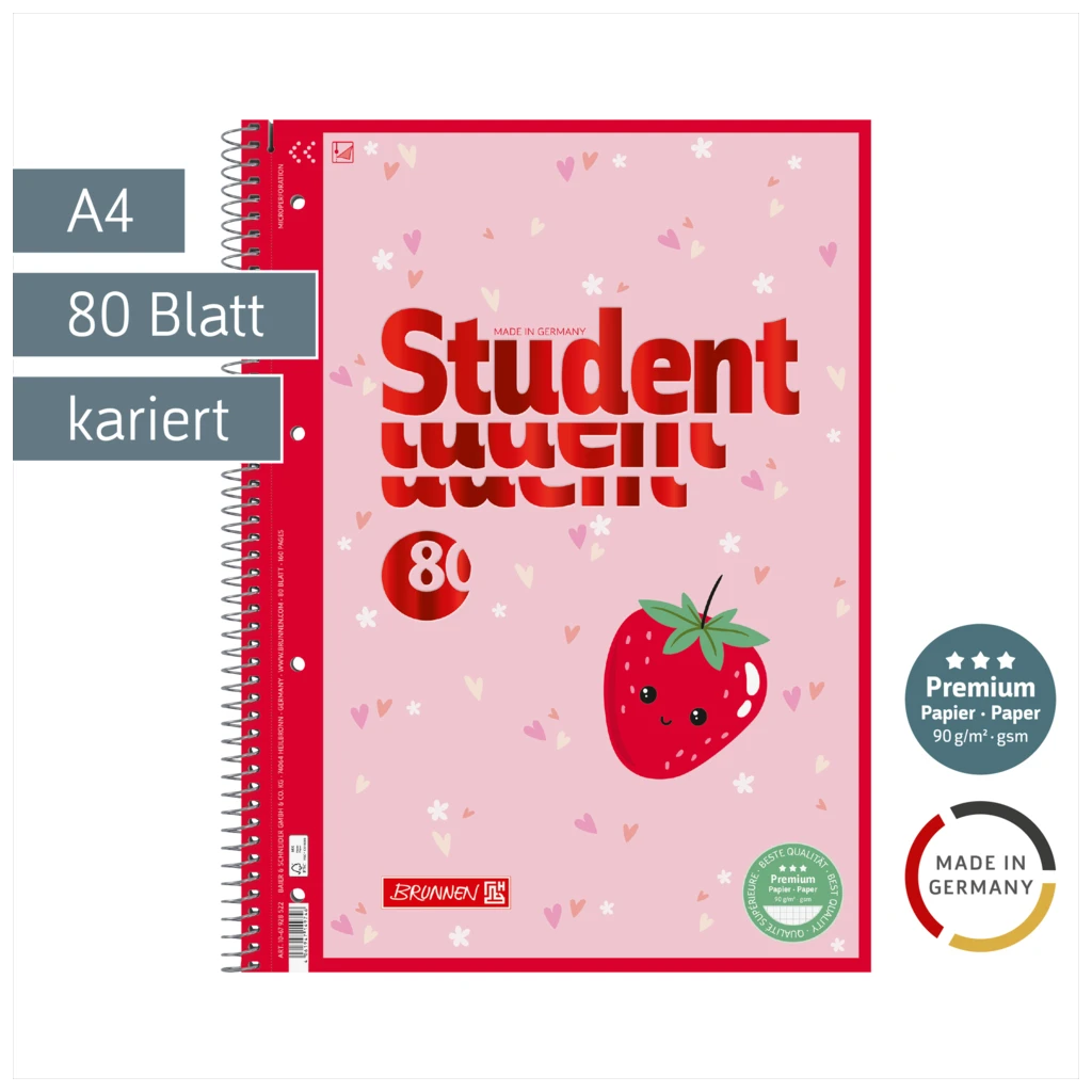 Collegeblock Premium Student Fruity Love | A4, Lineatur 28, 80 Blatt, rosa/mehrfarbig