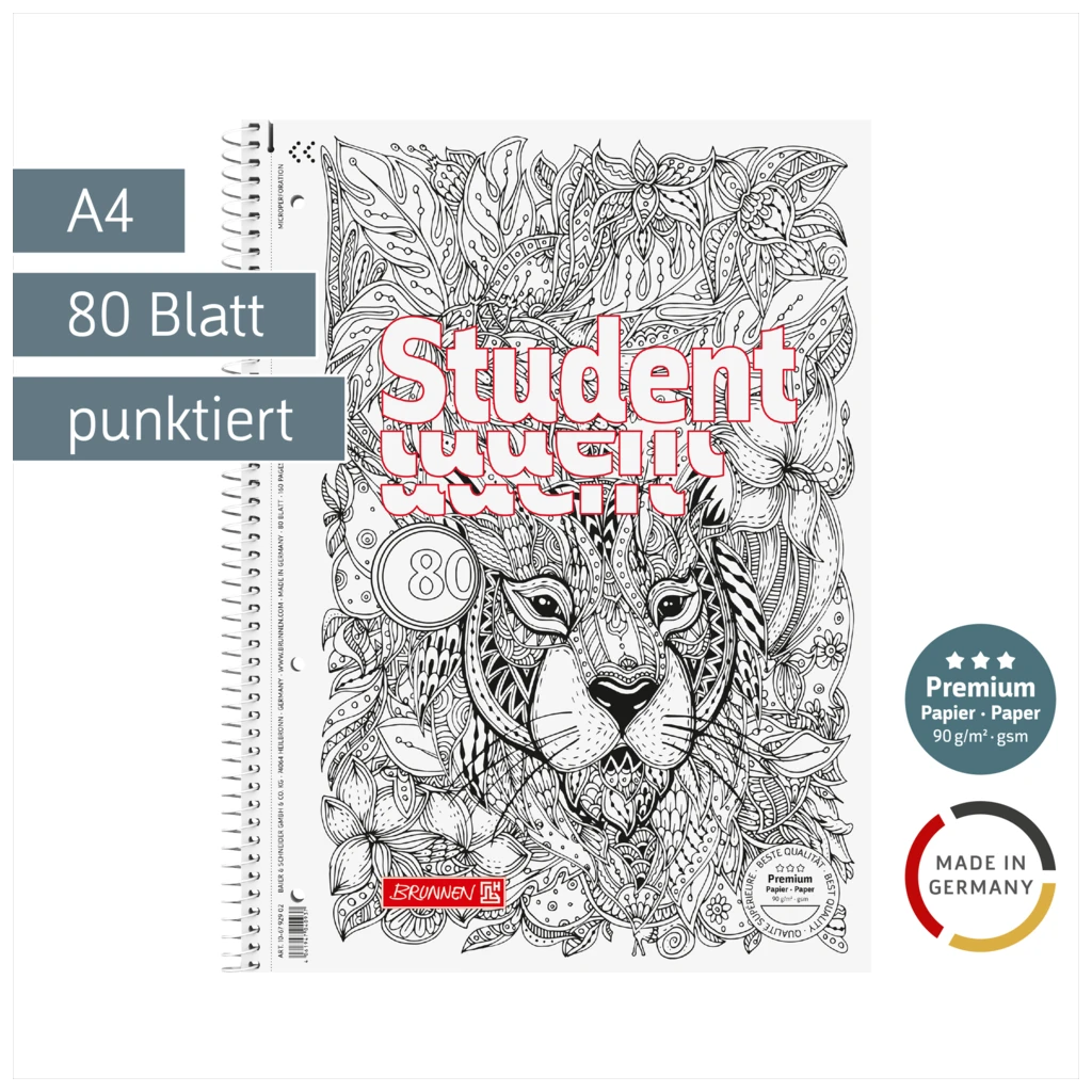 Collegeblock Premium Student „Löwe“ ZENart | A4, punktiert, 80 Blatt, weiß