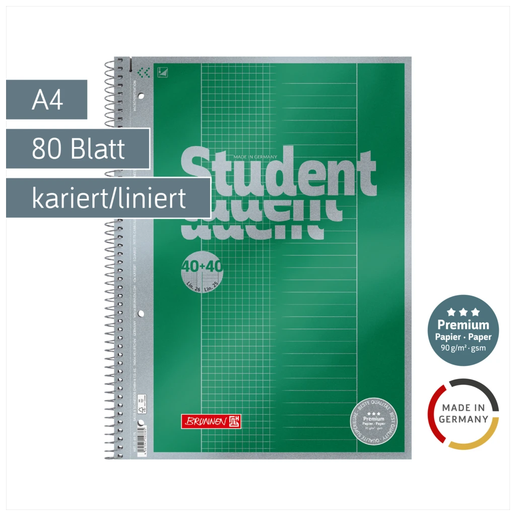 Collegeblock Premium Student „DUO“ | A4, kariert/liniert, 80 Blatt, grün