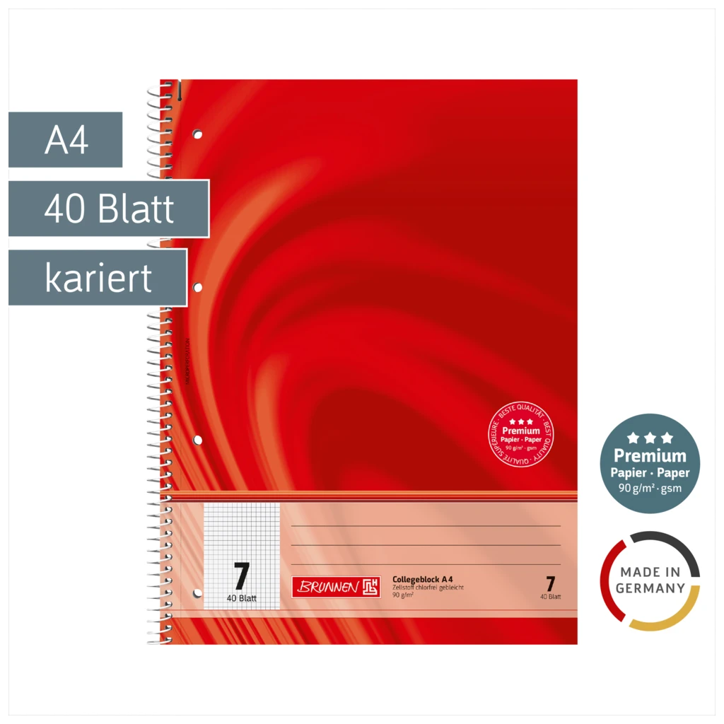 Collegeblock Premium Vivendi | A4, Lineatur 7, 40 Blatt, rot