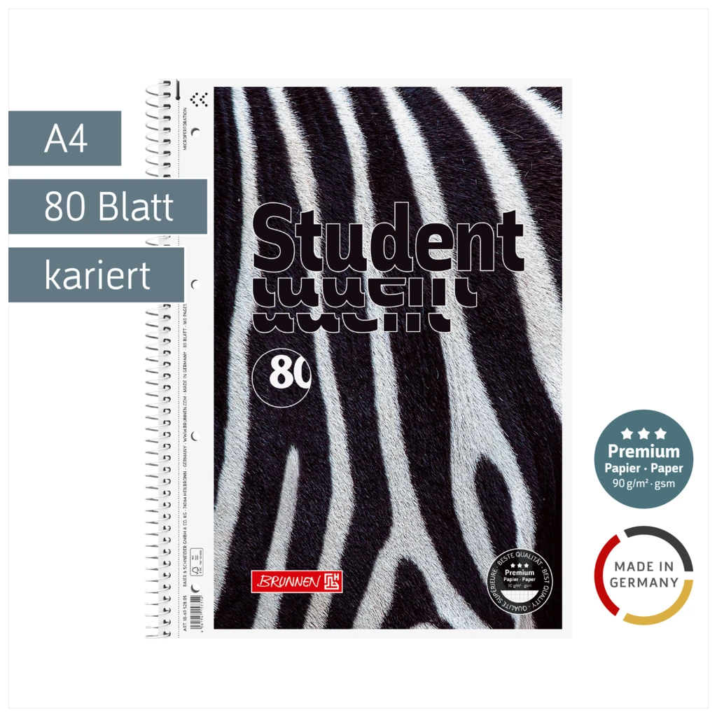 Collegeblock Premium Student „Zebra“ | A4, Lineatur 28, 80 Blatt, weiß/schwarz