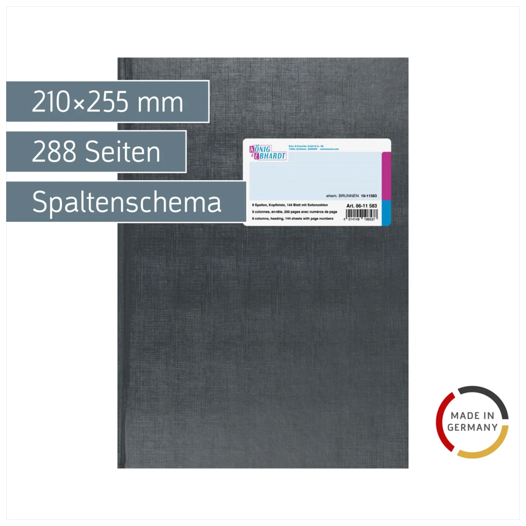 Spaltenbuch mit Kopfleiste | 210×255 mm, 288 Seiten, mit Seitenzahlen, 8 Spalten, Kunststoff, grau