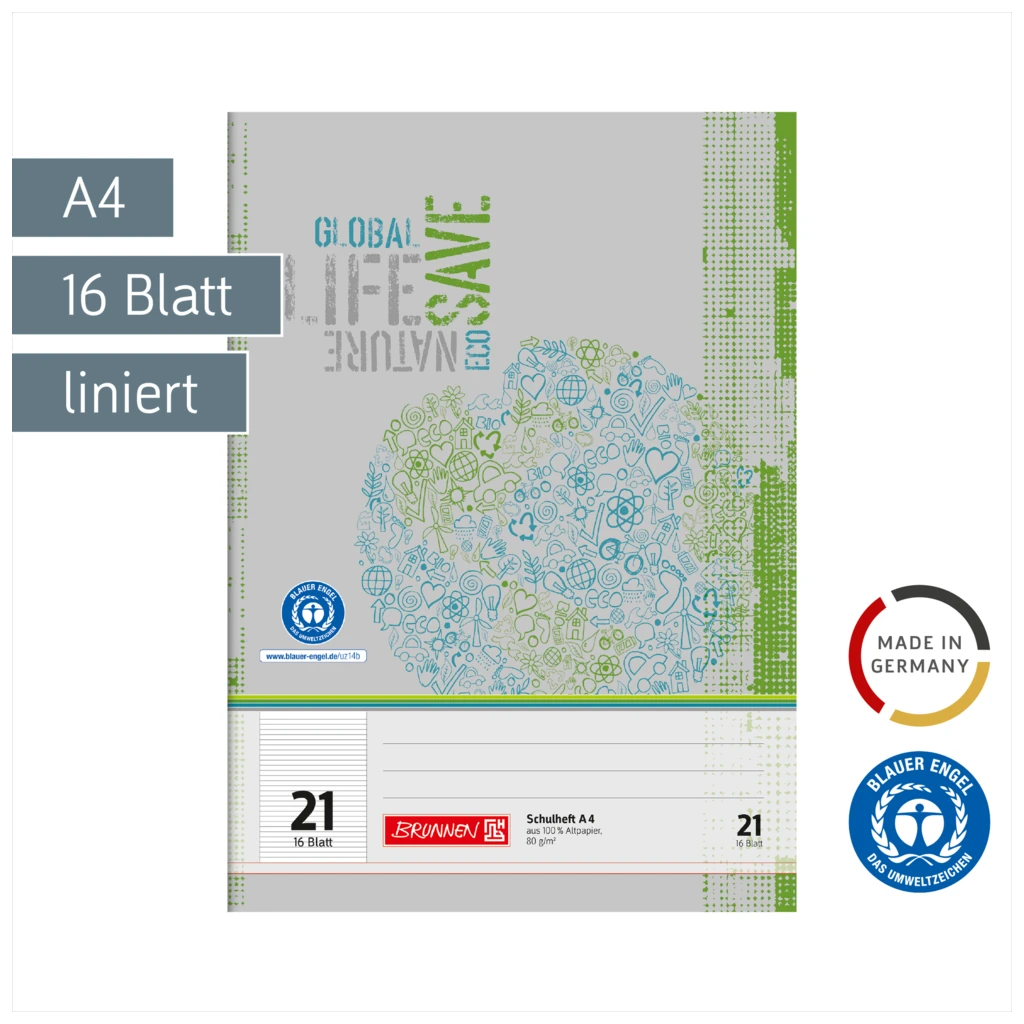 Schulheft Recycling | A4, Lineatur 21, 16 Blatt, grün/grau
