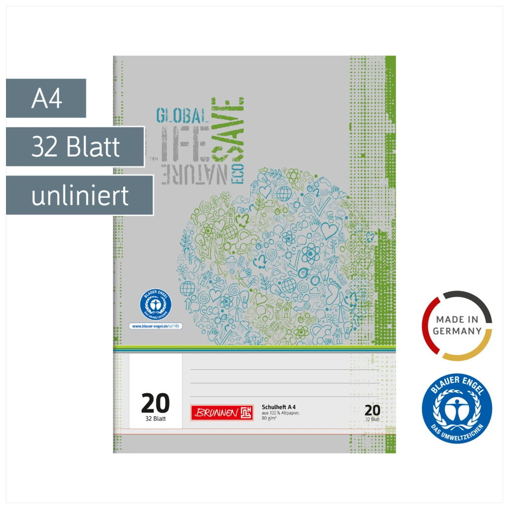 Schulheft Recycling | A4, Lineatur 20, 32 Blatt, grün/grau