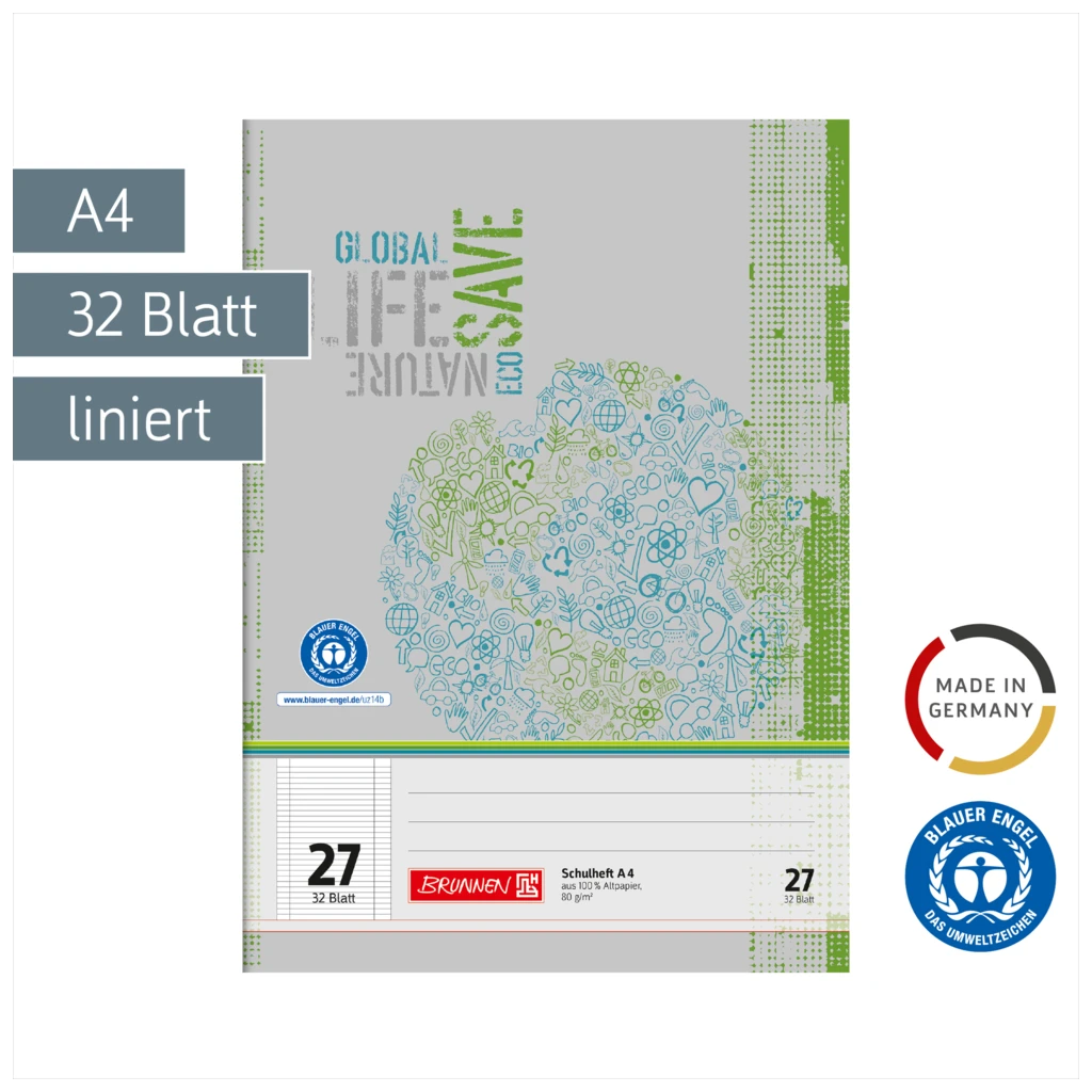 Schulheft Recycling | A4, Lineatur 27, 32 Blatt, grün/grau