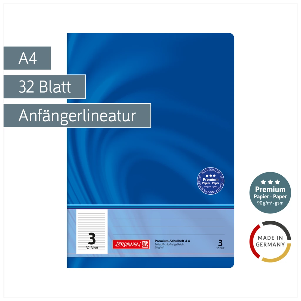 Schulheft Premium Vivendi | A4, Lineatur 3, 32 Blatt, blau