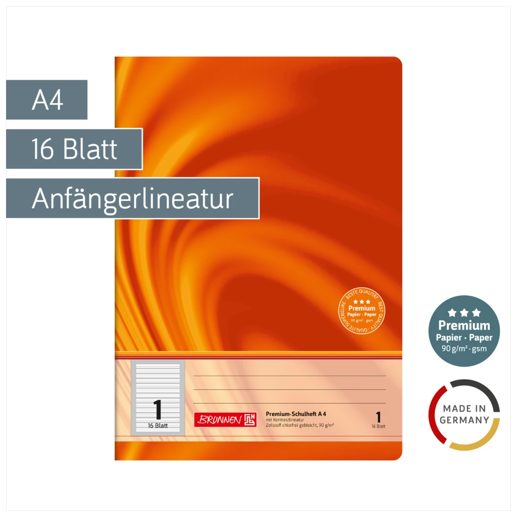 Schulheft Premium Vivendi | A4, Lineatur 1, 16 Blatt, orange